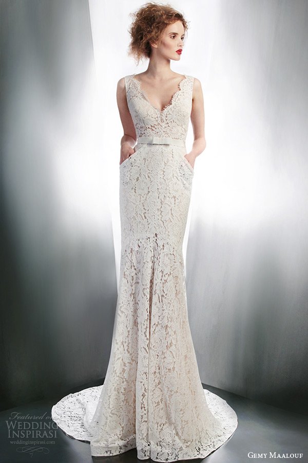 gemy-maalouf-2015-bridal-sleeveless-lace-sheath-wedding-dress-with-pockets-style-4139
