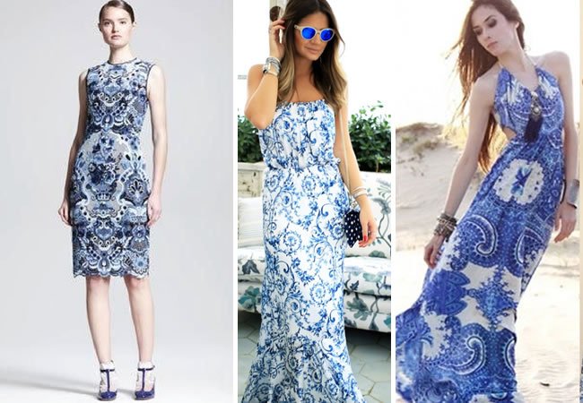 vestido longo com estampas inspirada nos azulejos portugueses