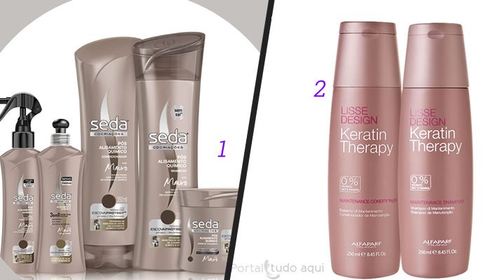 1- Kit completo de tratamento pós-alisamento da Seda. 2- Shampoo e condicionador da Allpaf, repara e mantém o liso por mais tempo.