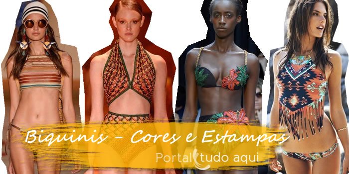 Biquinis estampados e com cores variadas.